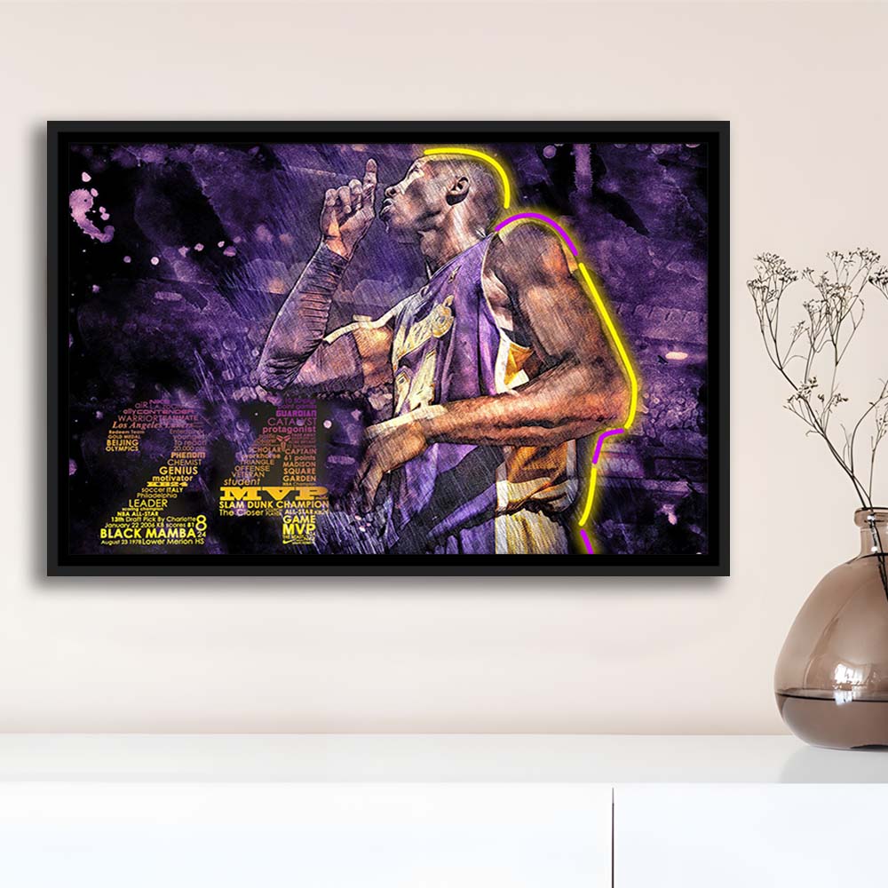 Mamba Mentality #24 Art Print, Framed Canvas Print Wall Art Decor, Floating Frame, Neon Effect Art