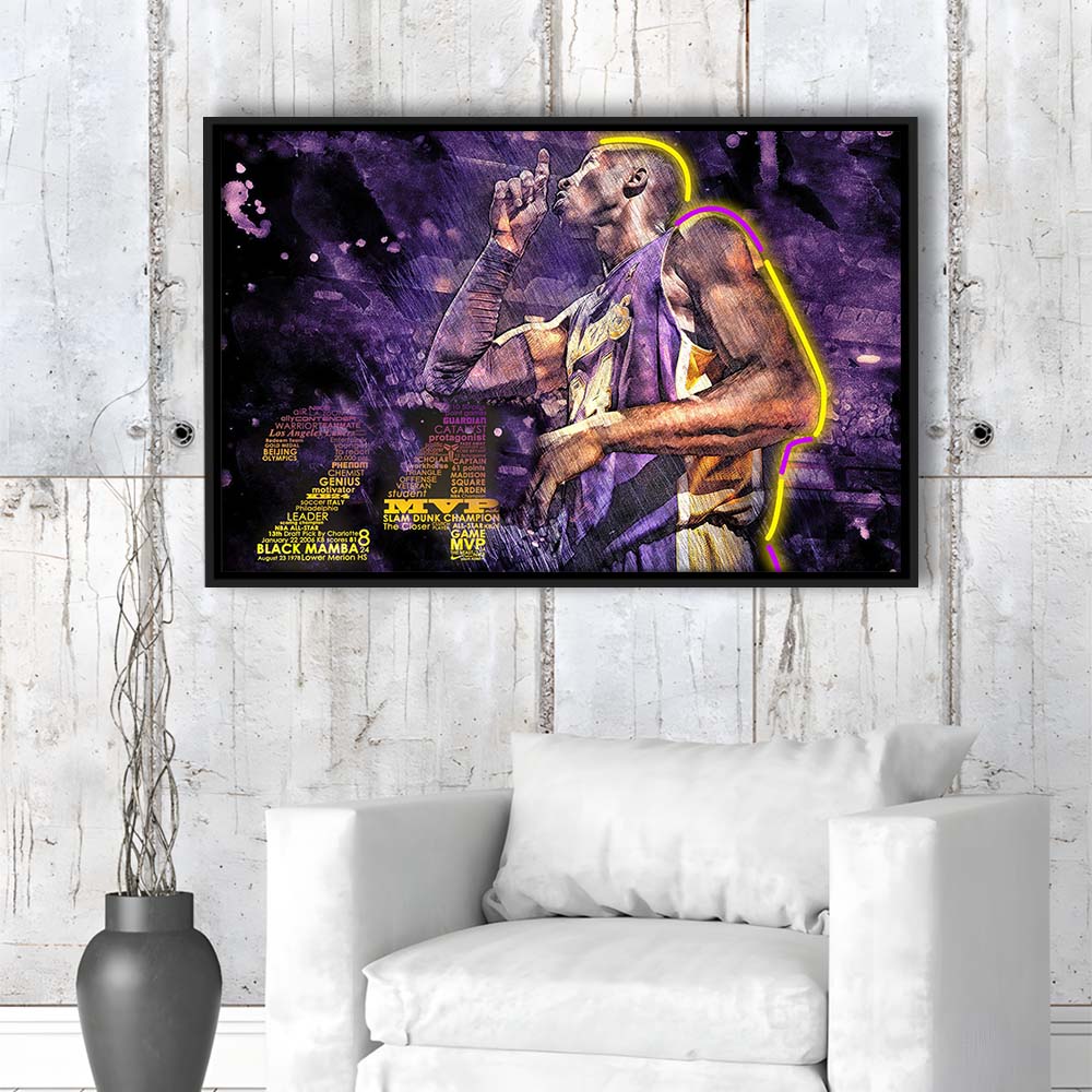 Mamba Mentality #24 Art Print, Framed Canvas Print Wall Art Decor, Floating Frame, Neon Effect Art