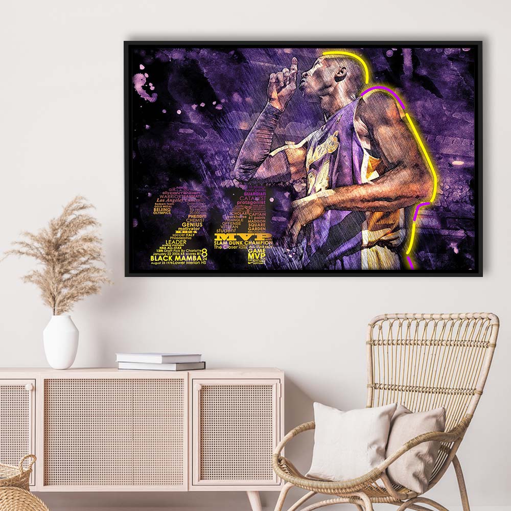 Mamba Mentality #24 Art Print, Framed Canvas Print Wall Art Decor, Floating Frame, Neon Effect Art