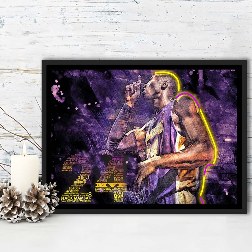 Mamba Mentality #24 Art Print, Framed Canvas Print Wall Art Decor, Floating Frame, Neon Effect Art