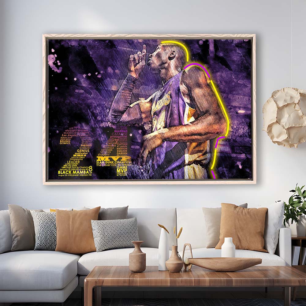 Mamba Mentality #24 Art Print, Framed Canvas Print Wall Art Decor, Floating Frame, Neon Effect Art