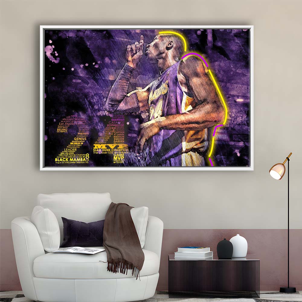 Mamba Mentality #24 Art Print, Framed Canvas Print Wall Art Decor, Floating Frame, Neon Effect Art