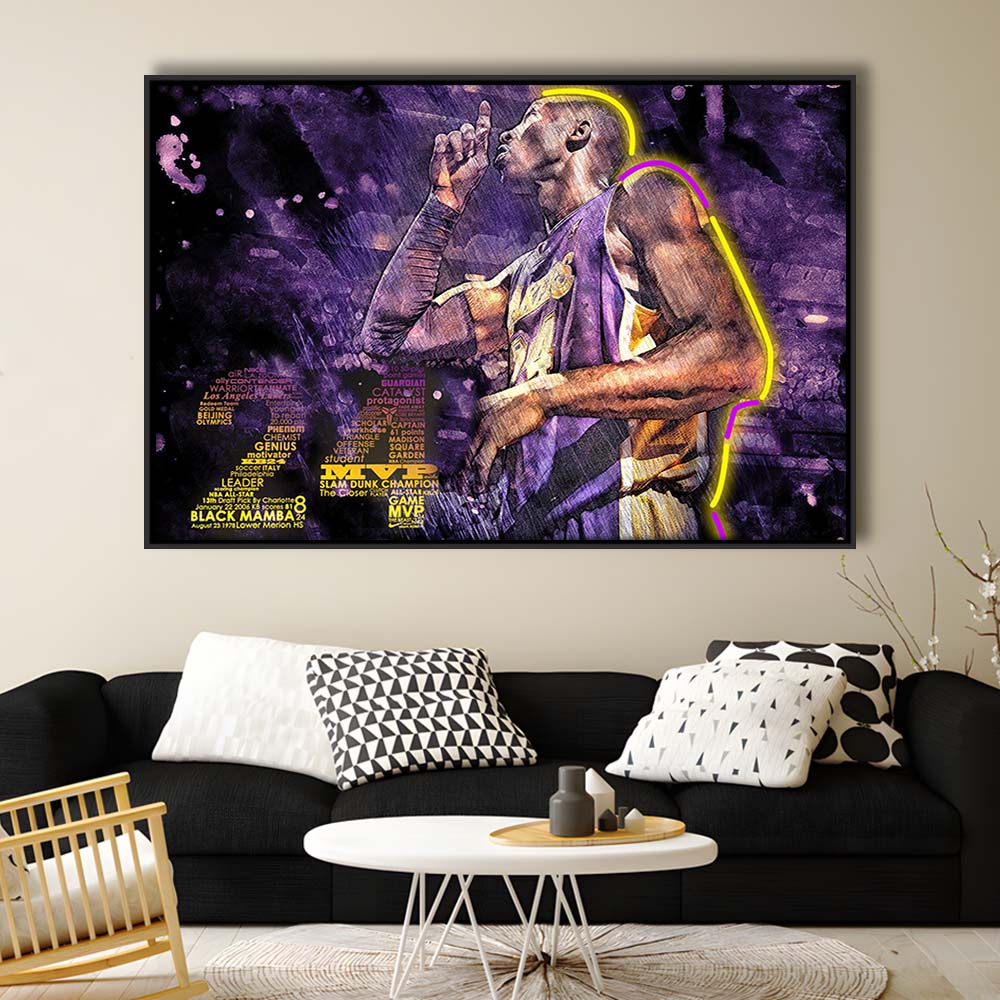 Mamba Mentality #24 Art Print, Framed Canvas Print Wall Art Decor, Floating Frame, Neon Effect Art