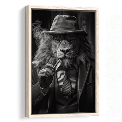 Man Cave,Lion Man In Suit Smoking Cigar Painting, Framed Canvas Print Wall Art, Floating Frame