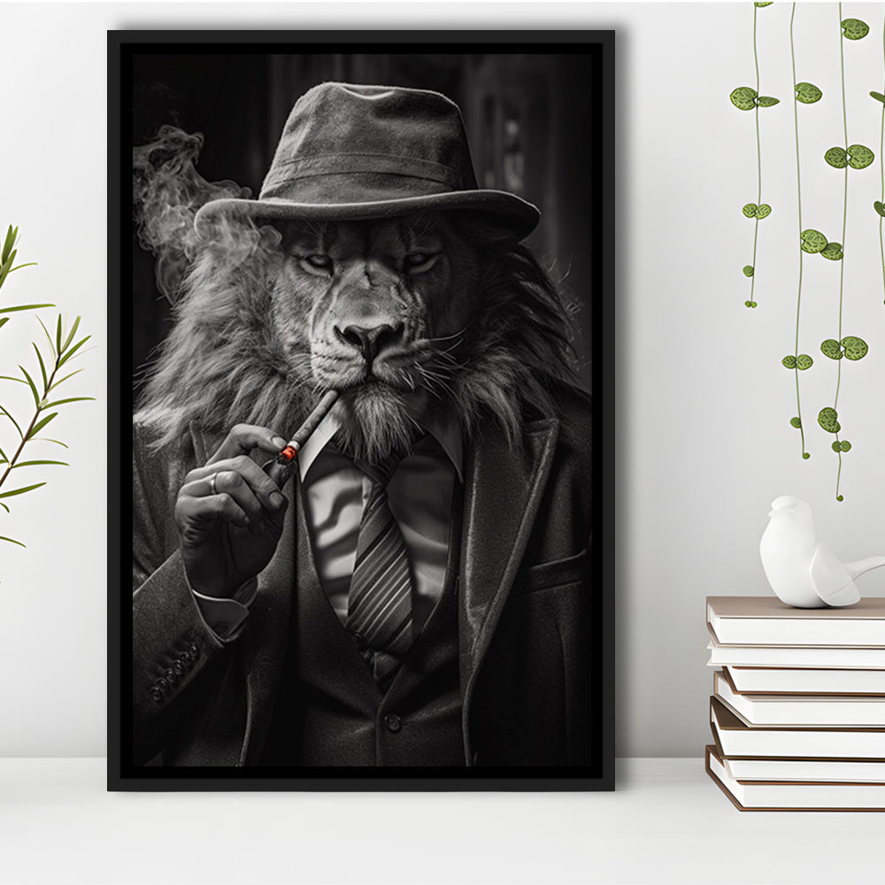 Man Cave,Lion Man In Suit Smoking Cigar Painting, Framed Canvas Print Wall Art, Floating Frame