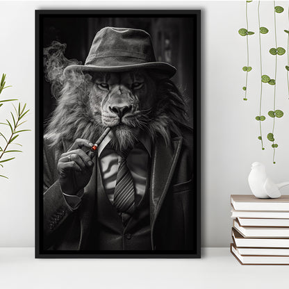 Man Cave,Lion Man In Suit Smoking Cigar Painting, Framed Canvas Print Wall Art, Floating Frame