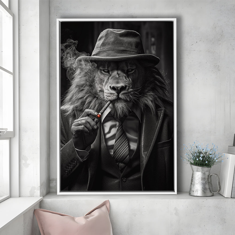 Man Cave,Lion Man In Suit Smoking Cigar Painting, Framed Canvas Print Wall Art, Floating Frame