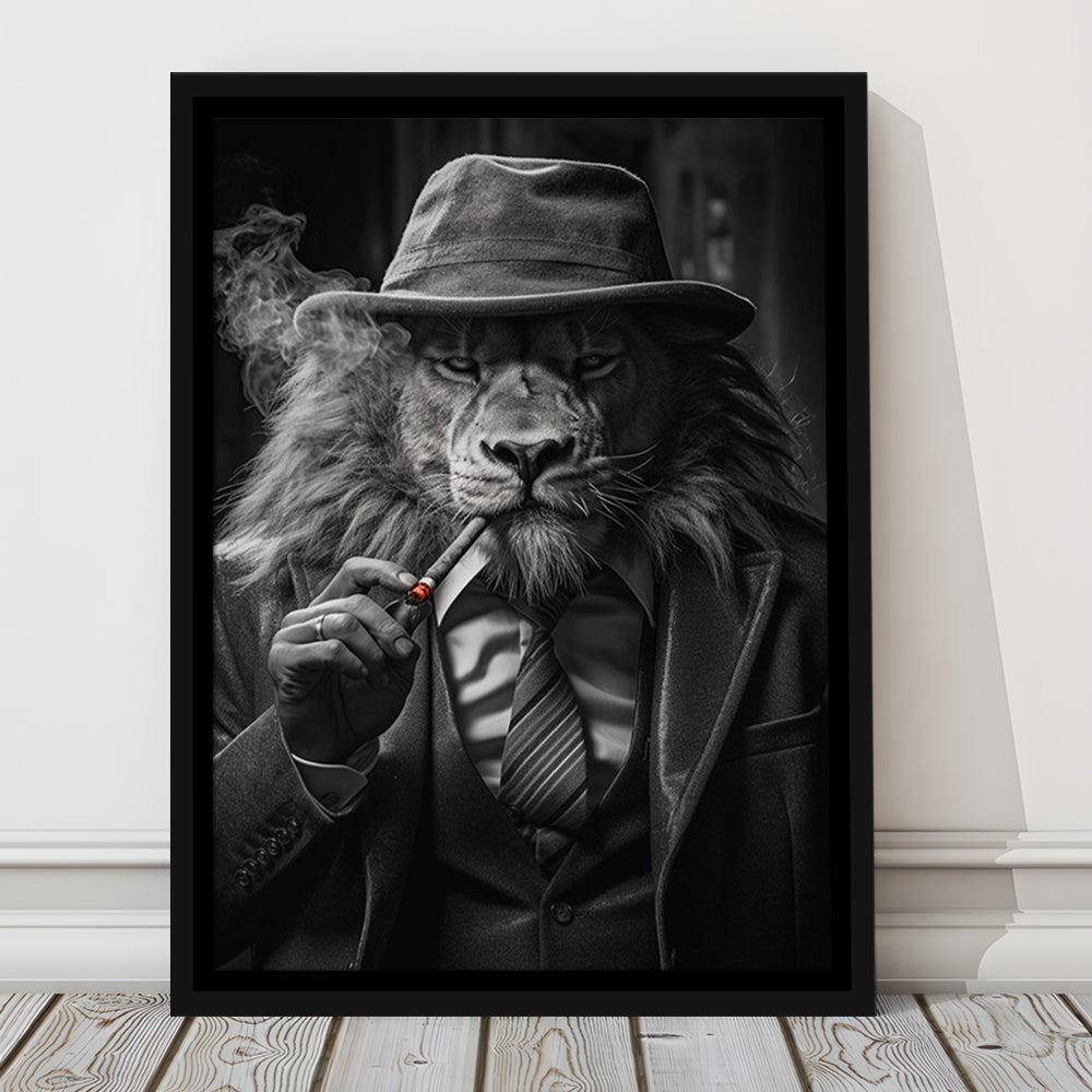 Man Cave,Lion Man In Suit Smoking Cigar Painting, Framed Canvas Print Wall Art, Floating Frame