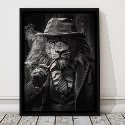 Man Cave,Lion Man In Suit Smoking Cigar Painting, Framed Canvas Print Wall Art, Floating Frame