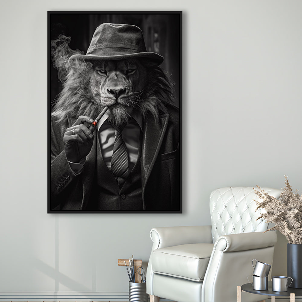 Man Cave,Lion Man In Suit Smoking Cigar Painting, Framed Canvas Print Wall Art, Floating Frame