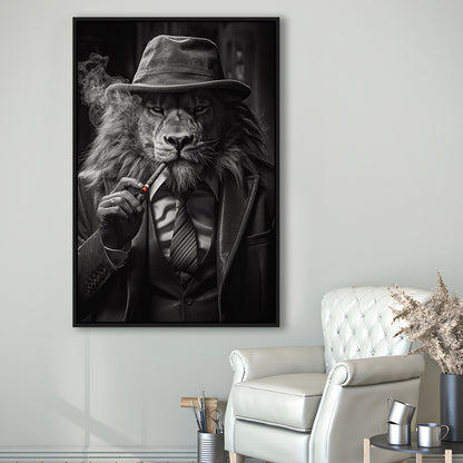 Man Cave,Lion Man In Suit Smoking Cigar Painting, Framed Canvas Print Wall Art, Floating Frame