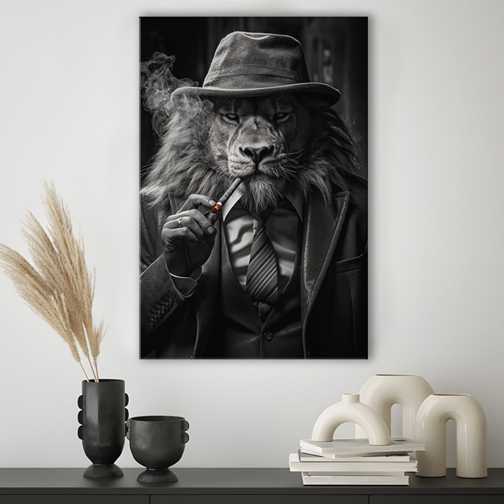 Man Cave,Lion Man In Suit Smoking Cigar Painting, Canvas Print Wall Art, Wall Decor, Painting Canvas