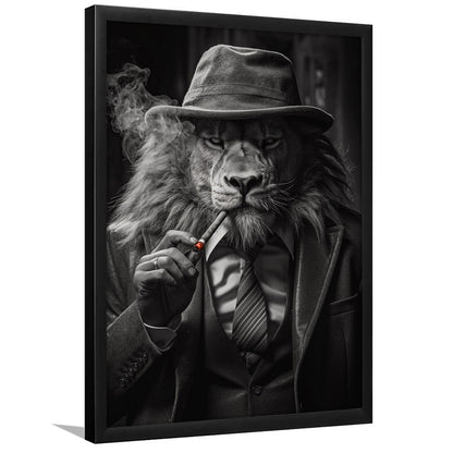 Man Cave,Lion Man In Suit Smoking Cigar Painting, Framed Art Print Wall Decor, Picture Framed