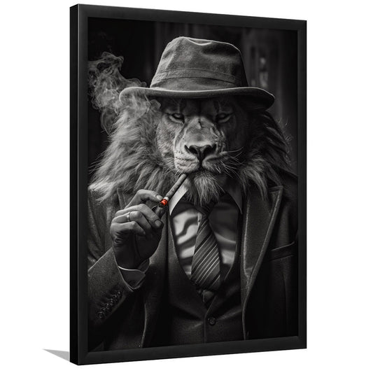 Man Cave,Lion Man In Suit Smoking Cigar Painting, Framed Art Print Wall Decor, Picture Framed
