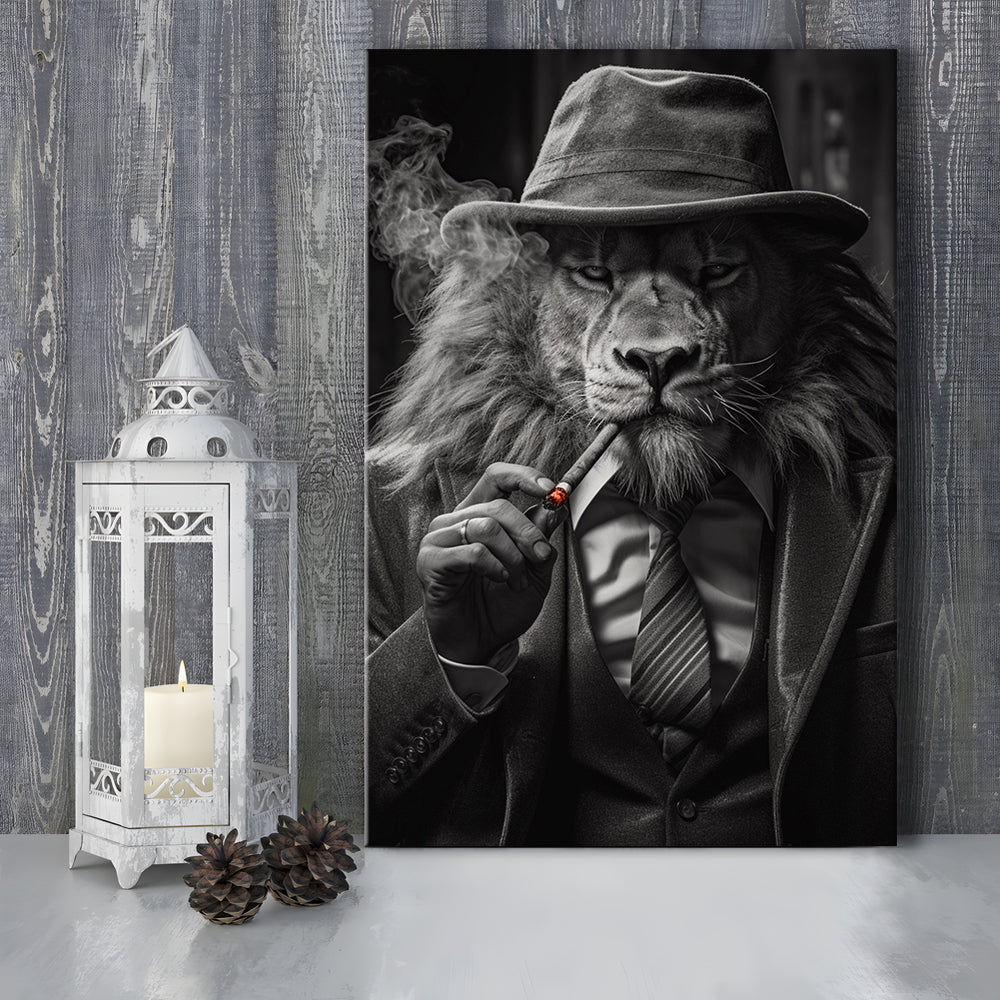 Man Cave,Lion Man In Suit Smoking Cigar Painting, Canvas Print Wall Art, Wall Decor, Painting Canvas