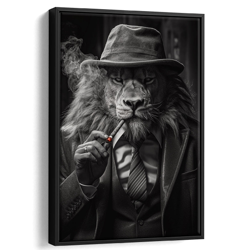 Man Cave,Lion Man In Suit Smoking Cigar Painting, Framed Canvas Print Wall Art, Floating Frame