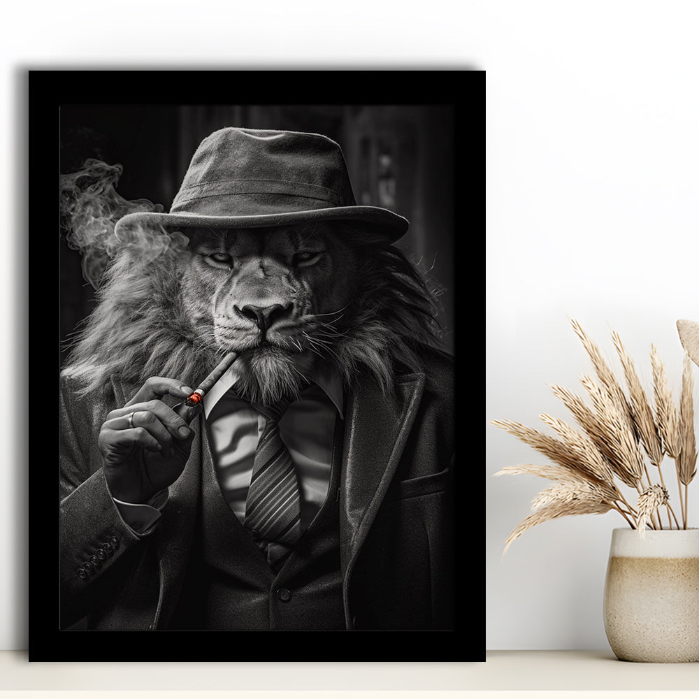Man Cave,Lion Man In Suit Smoking Cigar Painting, Framed Art Print Wall Decor, Picture Framed
