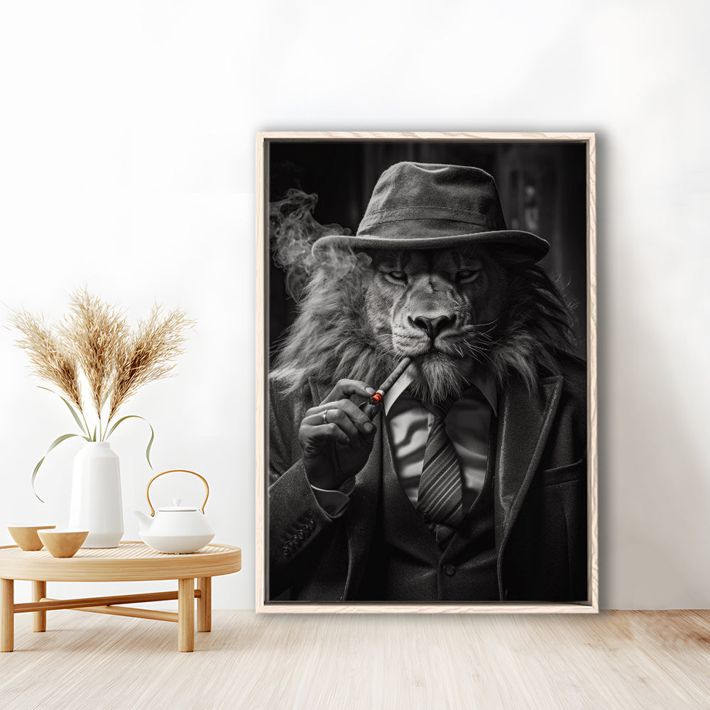 Man Cave,Lion Man In Suit Smoking Cigar Painting, Framed Canvas Print Wall Art, Floating Frame
