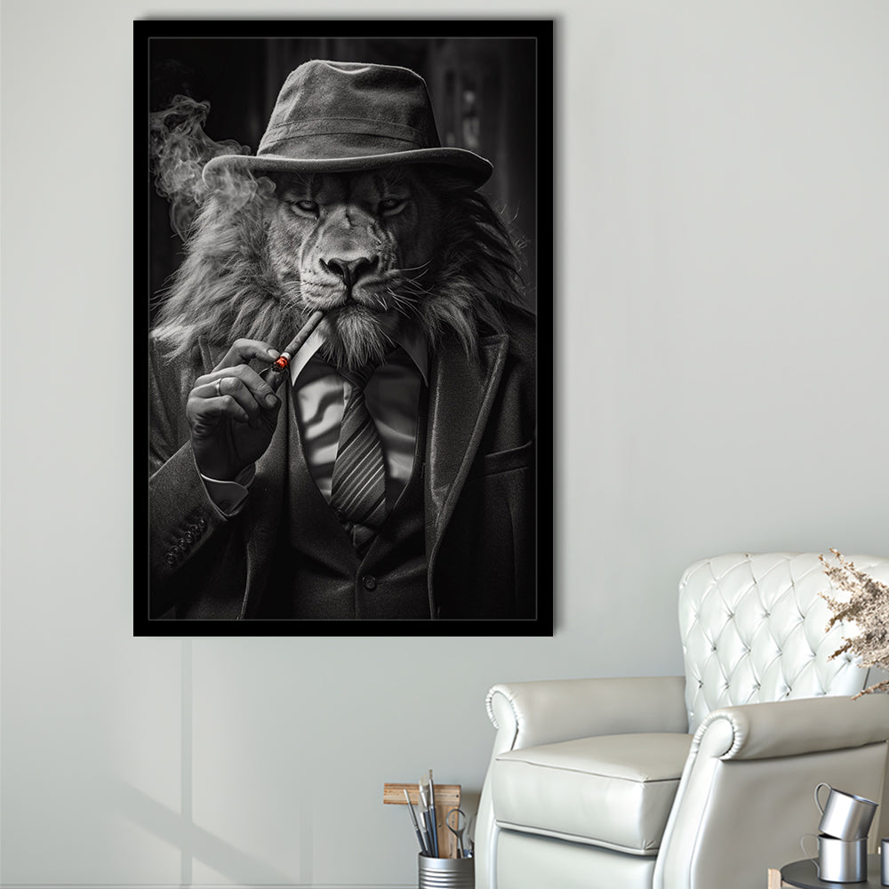 Man Cave,Lion Man In Suit Smoking Cigar Painting, Framed Art Print Wall Decor, Picture Framed