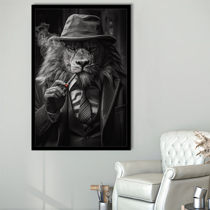 Man Cave,Lion Man In Suit Smoking Cigar Painting, Framed Art Print Wall Decor, Picture Framed