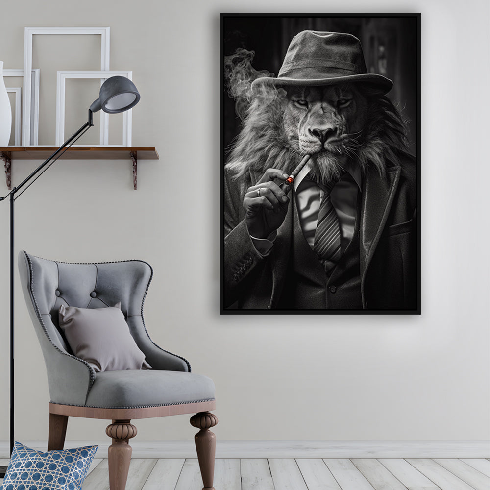 Man Cave,Lion Man In Suit Smoking Cigar Painting, Framed Canvas Print Wall Art, Floating Frame