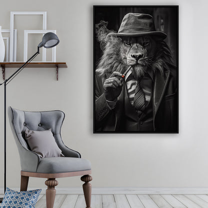 Man Cave,Lion Man In Suit Smoking Cigar Painting, Framed Canvas Print Wall Art, Floating Frame