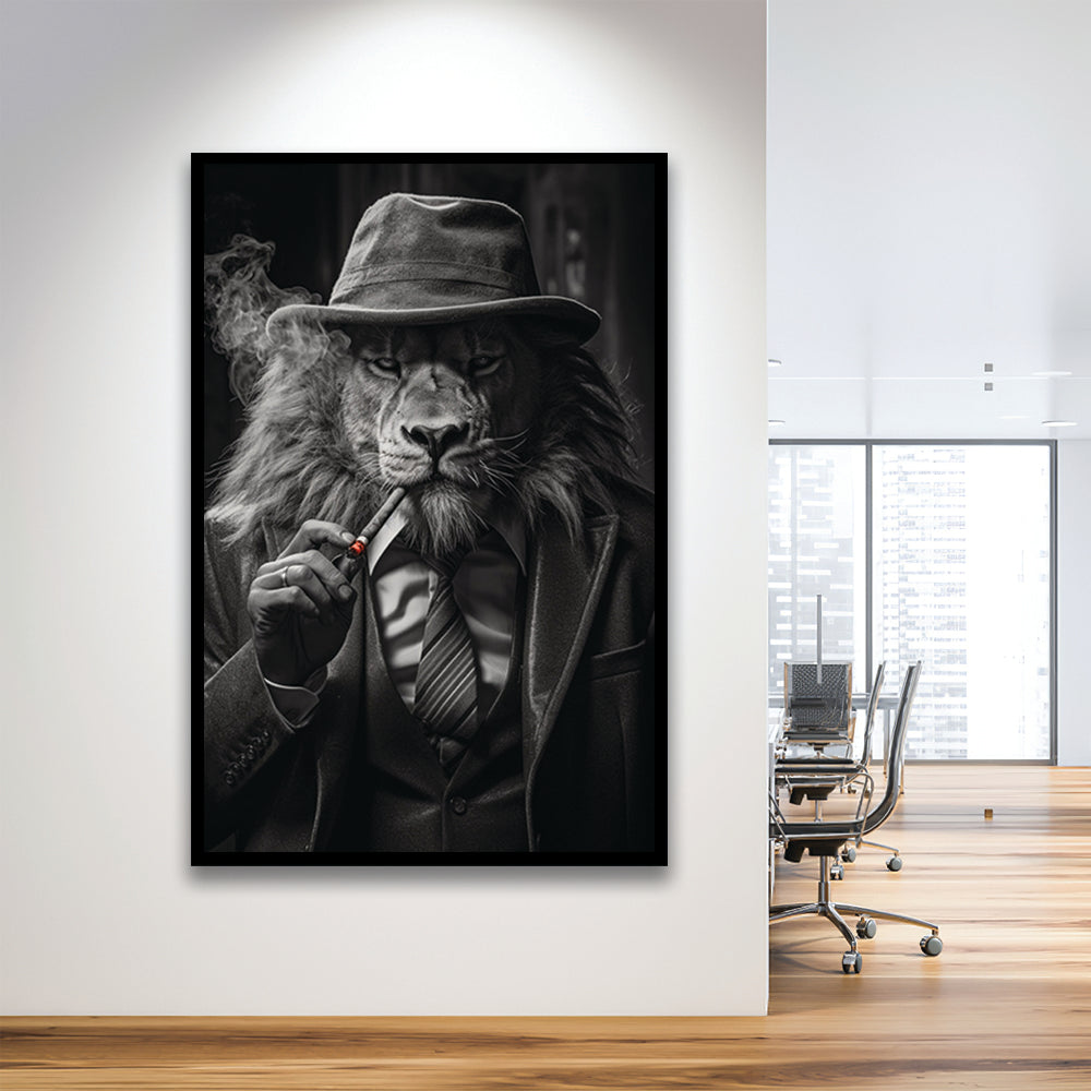 Man Cave,Lion Man In Suit Smoking Cigar Painting, Framed Art Print Wall Decor, Picture Framed