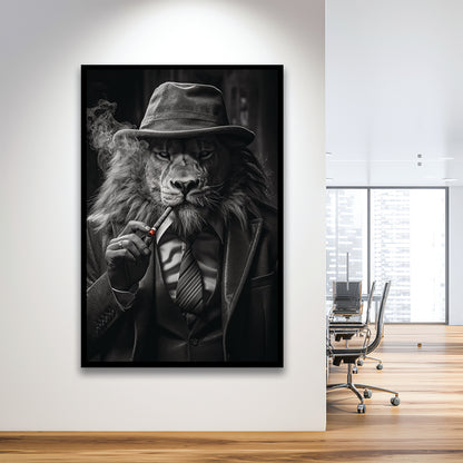 Man Cave,Lion Man In Suit Smoking Cigar Painting, Framed Art Print Wall Decor, Picture Framed