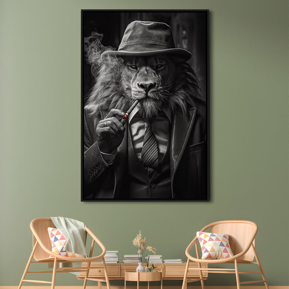 Man Cave,Lion Man In Suit Smoking Cigar Painting, Framed Canvas Print Wall Art, Floating Frame
