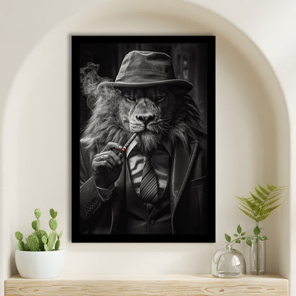 Man Cave,Lion Man In Suit Smoking Cigar Painting, Framed Art Print Wall Decor, Picture Framed