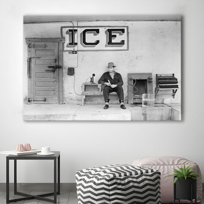 Man Selling Ice Retro Photography Black and White Art Storefront Photo, Canvas Print Wall Art Decor