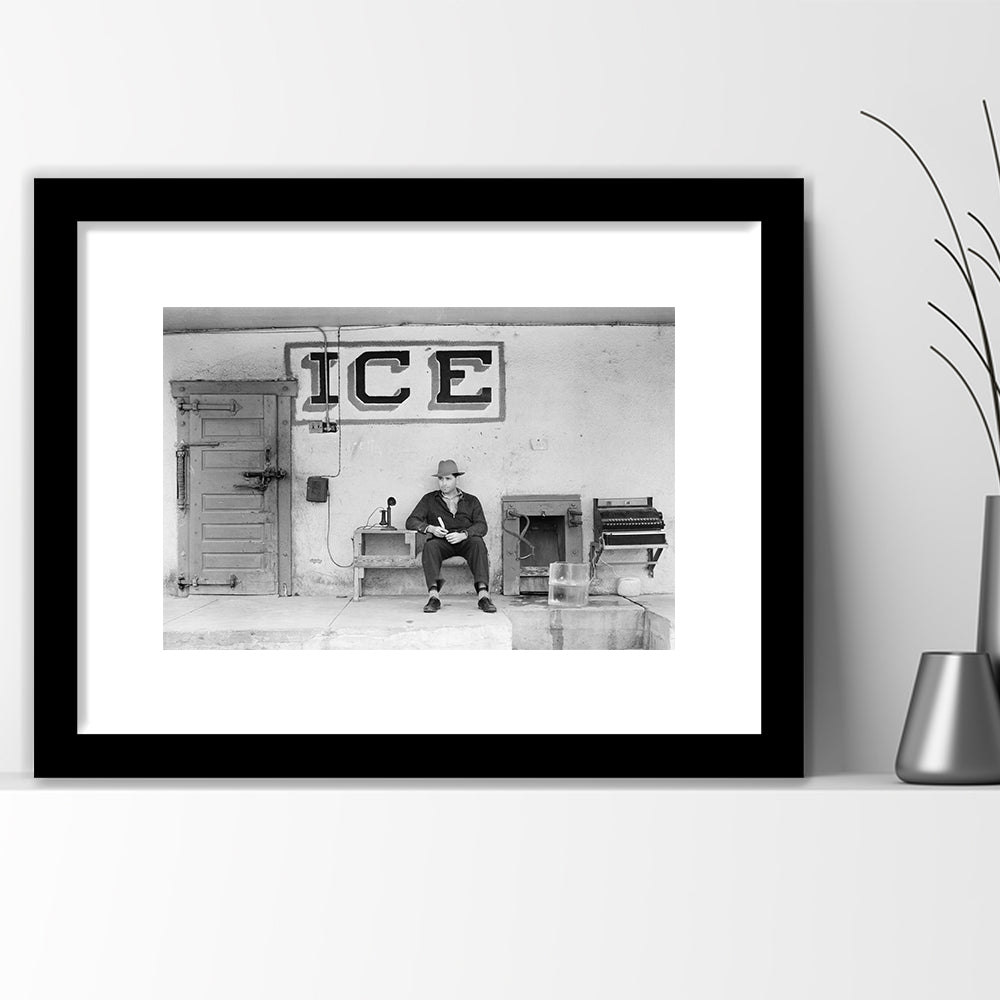 Man Selling Ice Retro Photography Black and White Art Storefront Photo, Framed Art Print White Border Wall Decor