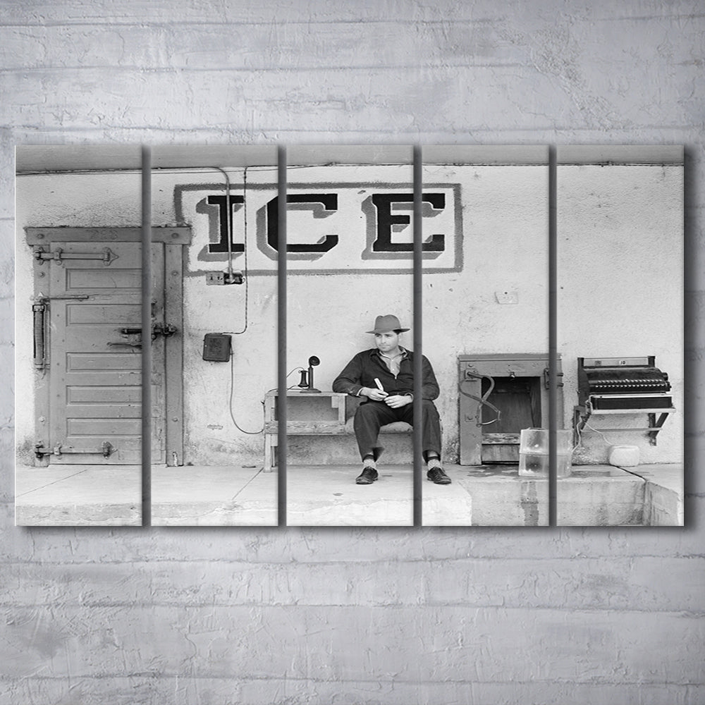 Man Selling Ice Retro Photography Black and White Art Storefront Photo, 5 Pieces Large Canvas Print