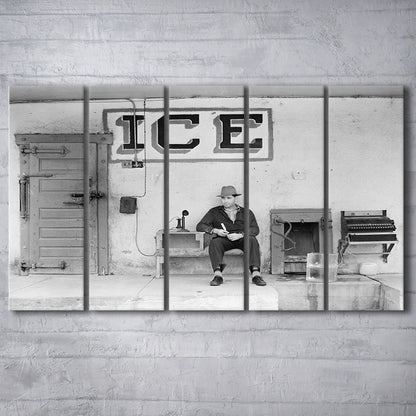 Man Selling Ice Retro Photography Black and White Art Storefront Photo, 5 Pieces Large Canvas Print