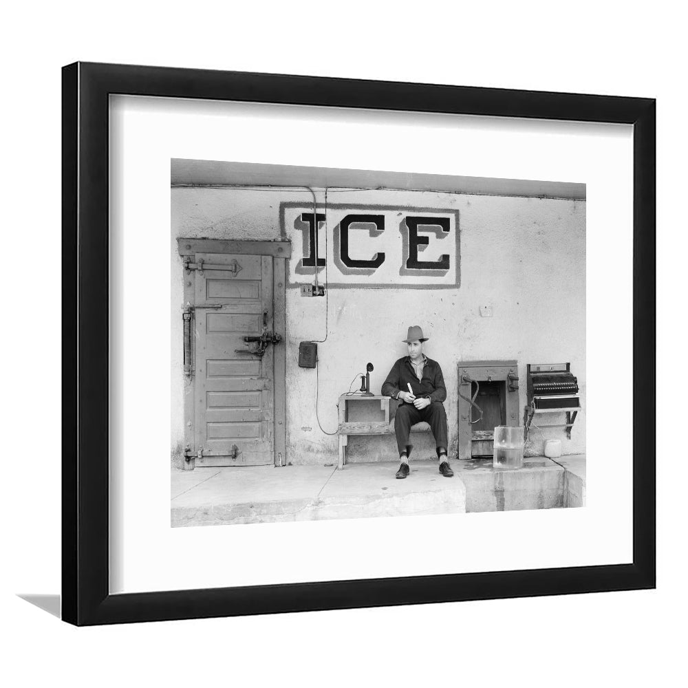 Man Selling Ice Retro Photography Black and White Art Storefront Photo, Framed Art Print White Border Wall Decor
