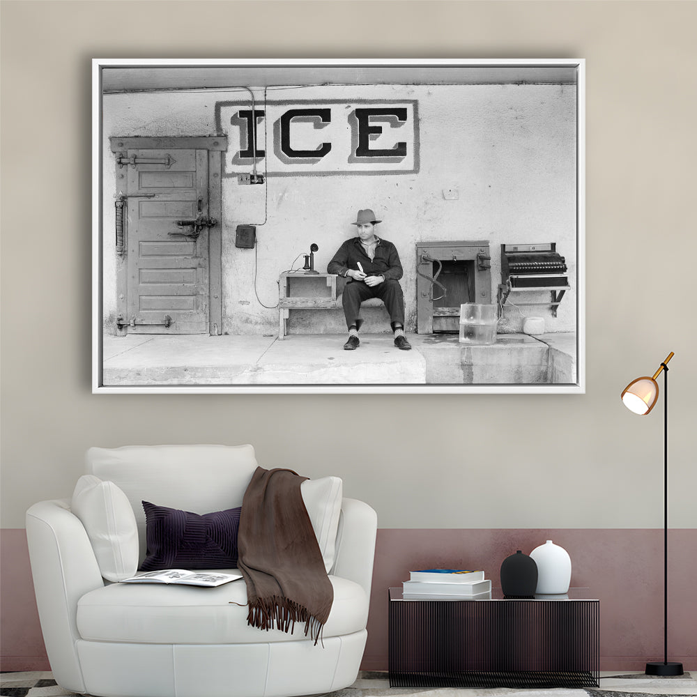 Man Selling Ice Retro Photography Black and White Art Storefront Photo, Floating Framed Canvas Print