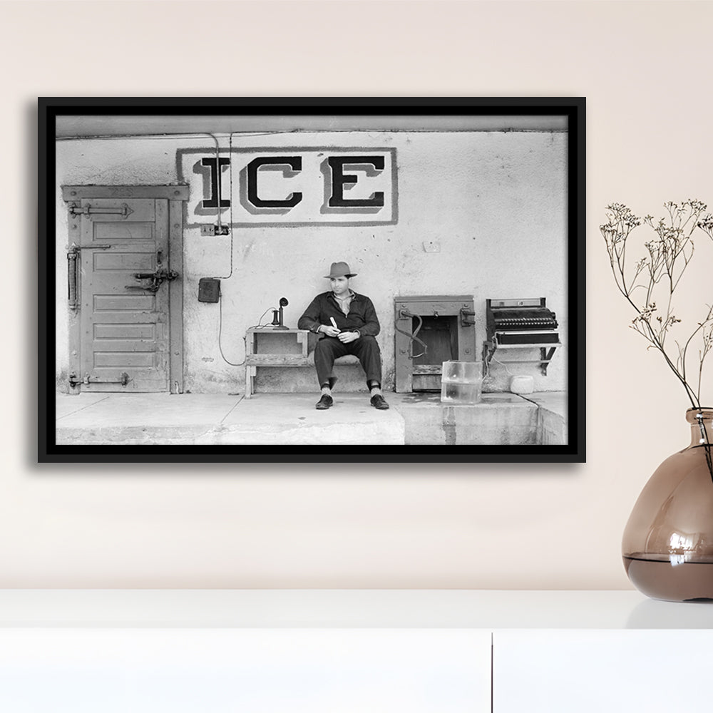 Man Selling Ice Retro Photography Black and White Art Storefront Photo, Floating Framed Canvas Print