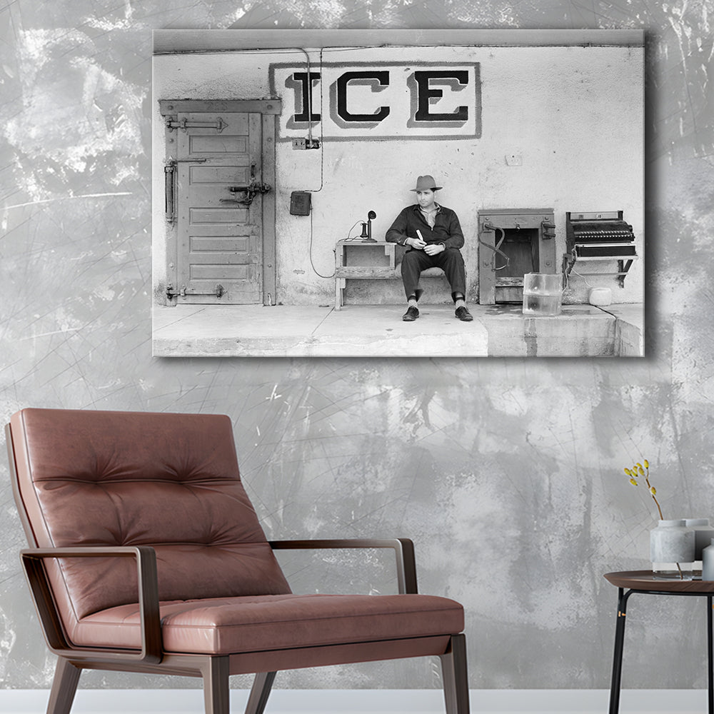Man Selling Ice Retro Photography Black and White Art Storefront Photo, Canvas Print Wall Art Decor