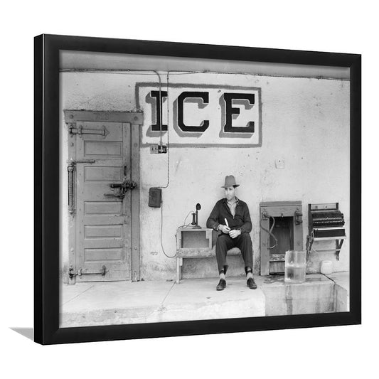 Man Selling Ice Retro Photography Black and White Art Storefront Photo, Framed Art Print Wall Decor