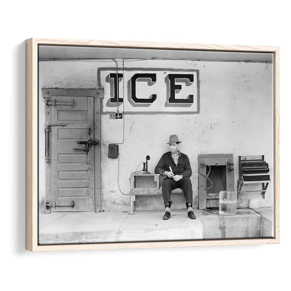Man Selling Ice Retro Photography Black and White Art Storefront Photo, Floating Framed Canvas Print