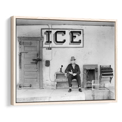 Man Selling Ice Retro Photography Black and White Art Storefront Photo, Floating Framed Canvas Print