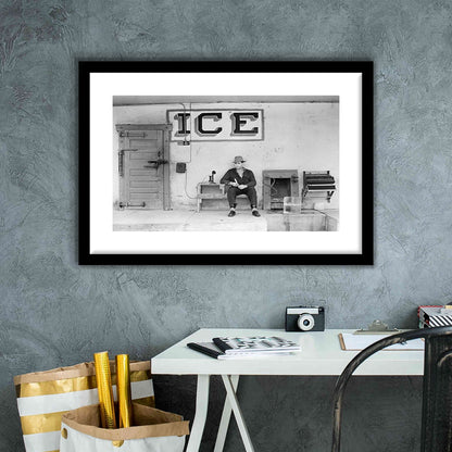 Man Selling Ice Retro Photography Black and White Art Storefront Photo, Framed Art Print White Border Wall Decor
