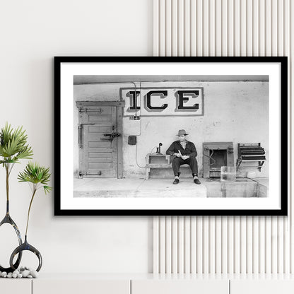 Man Selling Ice Retro Photography Black and White Art Storefront Photo, Framed Art Print White Border Wall Decor