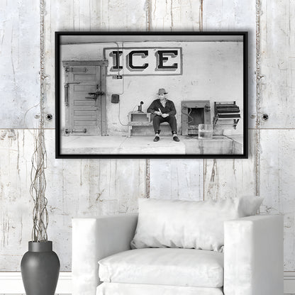 Man Selling Ice Retro Photography Black and White Art Storefront Photo, Floating Framed Canvas Print