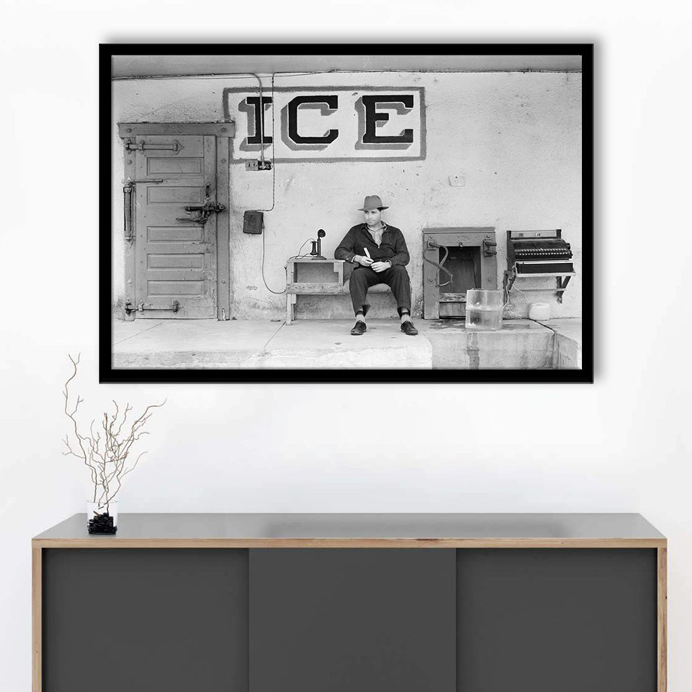 Man Selling Ice Retro Photography Black and White Art Storefront Photo, Framed Art Print Wall Decor