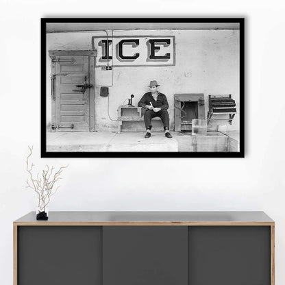 Man Selling Ice Retro Photography Black and White Art Storefront Photo, Framed Art Print Wall Decor