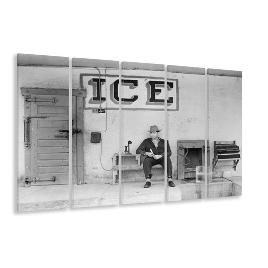 Man Selling Ice Retro Photography Black and White Art Storefront Photo, 5 Pieces Large Canvas Print