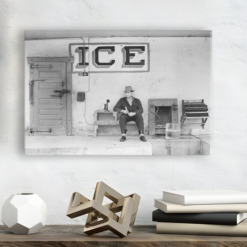 Man Selling Ice Retro Photography Black and White Art Storefront Photo, Canvas Print Wall Art Decor