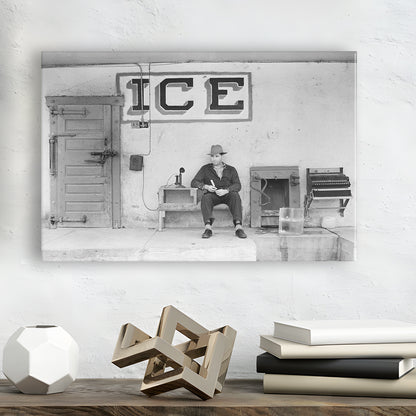 Man Selling Ice Retro Photography Black and White Art Storefront Photo, Canvas Print Wall Art Decor