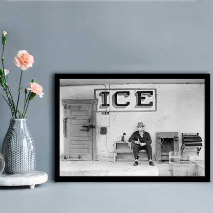Man Selling Ice Retro Photography Black and White Art Storefront Photo, Framed Art Print Wall Decor